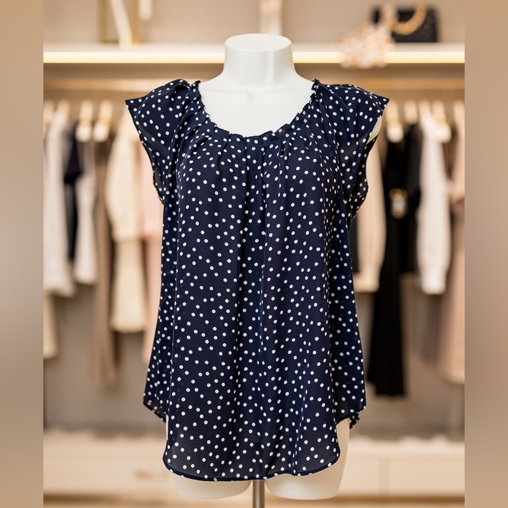 LC Lauren Conrad Navy Polka Dot Flutter Sleeve Blouse Small